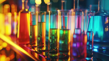 Chemist is preparing colorful test tubes on table with many chemical and chemical structure formulas in science lab. - obrazy, fototapety, plakaty