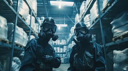 Officers wearing gas masks inspected the warehouse area where the chemical leak occurred. - obrazy, fototapety, plakaty