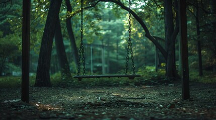 An empty swing swaying in a silent playground capturing the essence of lost innocence and joy