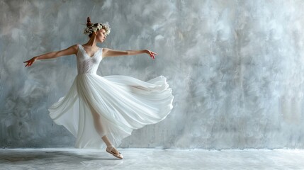 a ballet dancer gracefully leaping, dressed in a long white gown and a delicate flower crown, exuding elegance, text copy space - Powered by Adobe