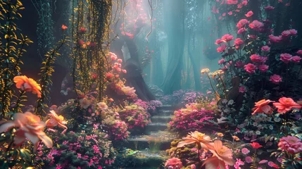 Selbstklebende Fototapeten Enchanted Forest Path with Cascading Waterfalls and Flourishing Pink Flowers © SpiralStone
