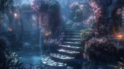 Fotobehang Ethereal Water Gardens in Moonlit Enchanted Forest Scene © SpiralStone