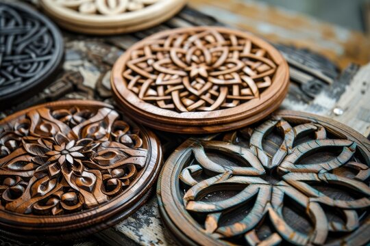 Intricate handmade Celtic wooden mandala set, showcasing beautiful woodworking and ornamental carving, digital photography