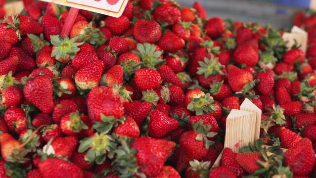 Organic strawberries  farmer market stand,  bright colors and freshness  produce. Concept where people choose locally grown, organic fruit, support  sustainable agriculture and healthier food choices.