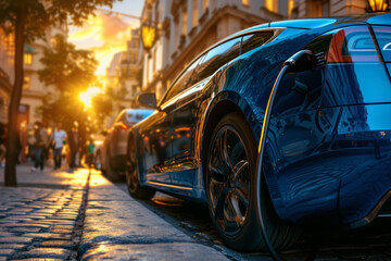 A blue electric car is charging on a city street. The car is parked in front of a building with a yellow sign on it. The scene is set in the evening, with the sun setting in the background