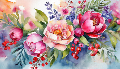 Colorful watercolor illustration of beautiful spring flowers. Hand drawn card with floral arrangements