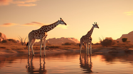 A pair of giraffes gracefully bending their necks to drink from a crystal-clear watering hole. - obrazy, fototapety, plakaty