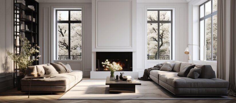 The interior design of the living room includes a cozy couch, a fireplace, a picture frame on the wall, a flowerpot with a houseplant, and a window bringing natural light into the room