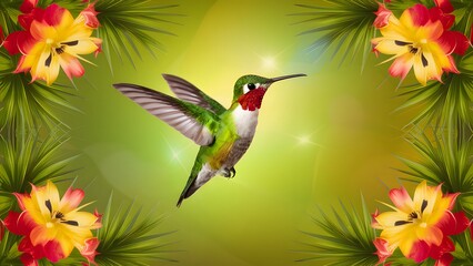 Colorful background with hummingbird in flight among tropical flowers