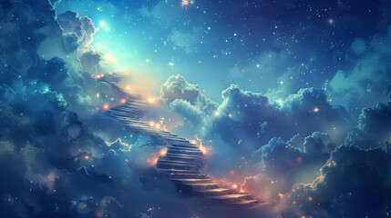 "Stairway to Stardom"
A celestial staircase winds through a dreamy nightscape, glowing with stardust and ethereal clouds against the twilight sky.