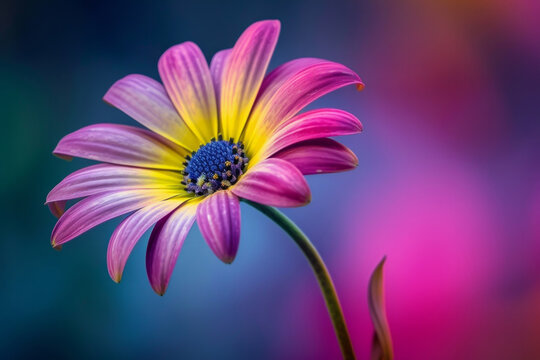 A single pink and yellow flower with a blue center. The flower is the main focus of the image and is surrounded by a colorful background. Concept of beauty and tranquility