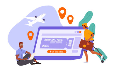 People buy plane ticket. Man and woman sitting near laptop at background of airplane. Travelers and tourists at holiday and vacation. Cartoon flat vector illustration isolated on white background