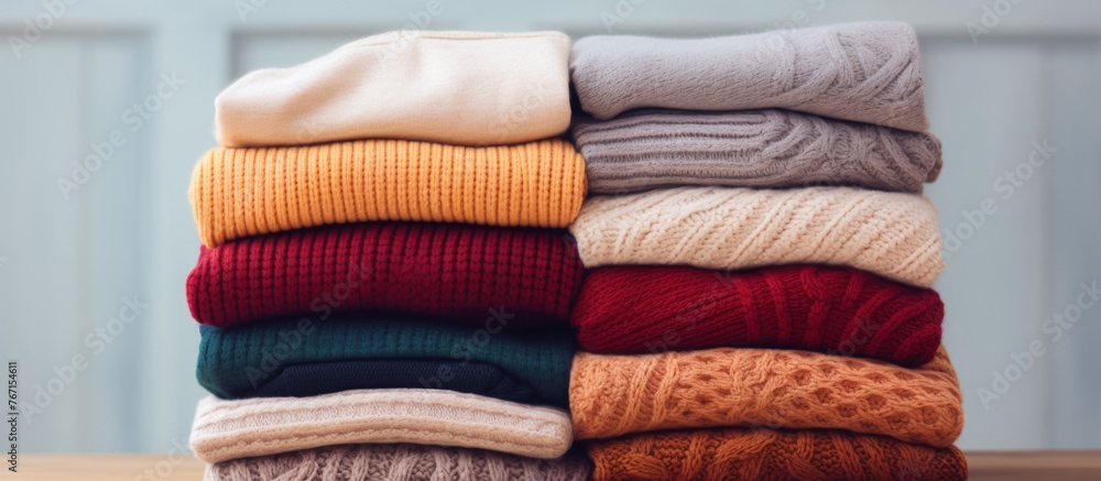 Poster a stack of woolen sweaters in various tints and shades, including magenta and electric blue, are nea