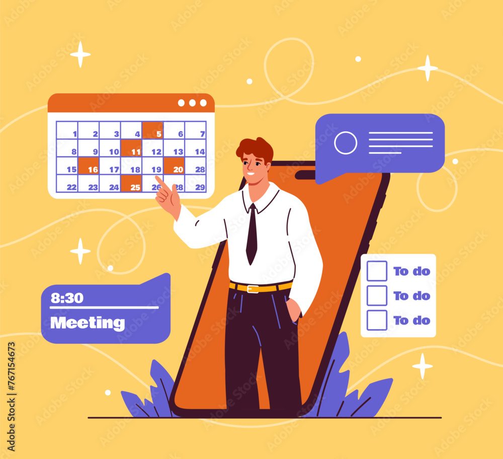 Poster man with planning concept. guy at smartphone screen with calendar. motivation and aspiration. time m