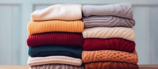 A stack of woolen sweaters in various tints and shades, including magenta and electric blue, are neatly arranged on a table. Each rectangle garment showcases a unique pattern and natural material