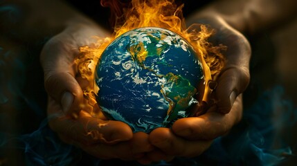Hands desperately trying to extinguish flames engulfing a globe a call to action against global warming