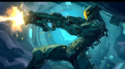 Fearsome Cyborg Warrior Unleashing Powerful Firepower in Immersive Sci-Fi Battlescape - obrazy, fototapety, plakaty