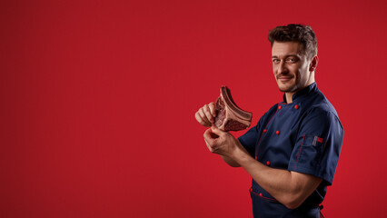 Young chef in blue making a winking gesture with a T-bone steak - obrazy, fototapety, plakaty