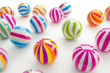 A bunch of colorful striped balls are scattered across a white background. The balls are of various sizes and colors, creating a vibrant and playful atmosphere. Concept of fun and joy