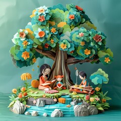 Origami Paper Town: Mother and Child Reading Under Tree

