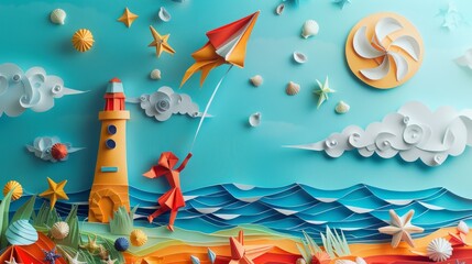 Origami Paper Town: Mother and Child Kite Flying on Beach

