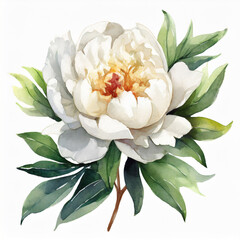 Watercolor illustration of white peony flower isolated on white background. Spring season. Hand drawn