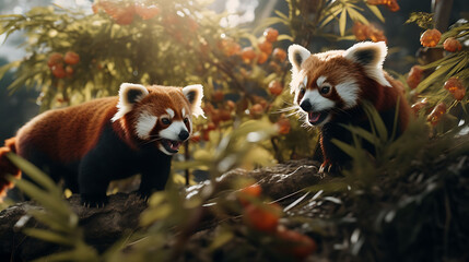 A pair of red pandas playfully chasing each other among the branches of a bamboo forest.