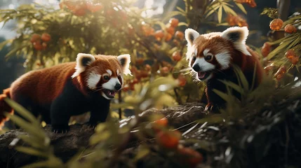 Fototapeten A pair of red pandas playfully chasing each other among the branches of a bamboo forest. © Ansar