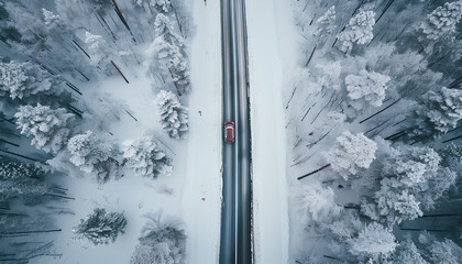 car moves along a snowy forest road