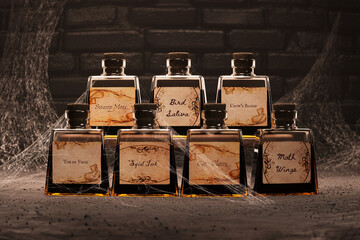 Enigmatic Vintage Potion Bottles with Labels, Set Amidst Ancient Cobwebs