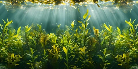 Underwater forests like kelp and seagrass meadows act as natural carbon sinks capturing carbon dioxide emissions from the environment. Concept Marine Carbon Sequestration, Underwater Forests - obrazy, fototapety, plakaty