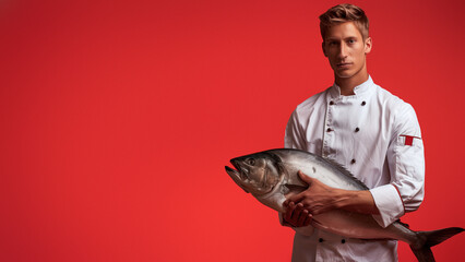Confident young chef in white holding a big fish, showcasing against a monochrome red background