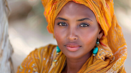 Somalian woman in vibrant headwrap with a desert backdrop. - obrazy, fototapety, plakaty