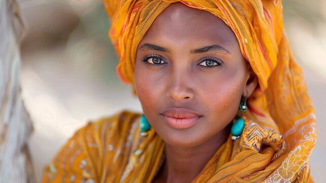 Somalian woman in vibrant headwrap with a desert backdrop.