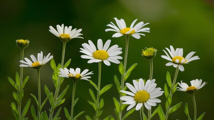 Daisies in various stages of growth against green nature