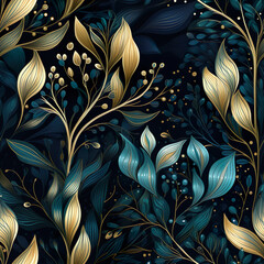 abstract pattern with blue and golden leaves on black background, in the style of dark teal and light gold, exotic, soft-edged, nature, eye-catching generative AI - 767156433