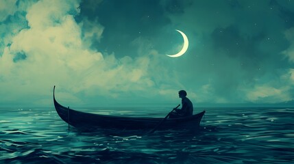 Lone Voyager Adrift in the Tranquil Nocturnal Sea Under the Crescent Moon - obrazy, fototapety, plakaty