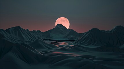 Minimal dark textured landscape background. Mountains and moon, night sky. - obrazy, fototapety, plakaty