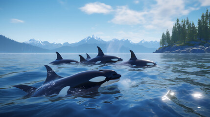 A pod of orcas gracefully swimming through the deep blue waters of the open ocean. - obrazy, fototapety, plakaty
