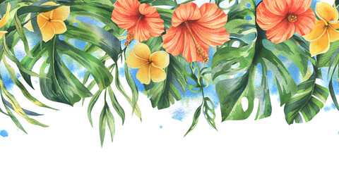 Tropical palm leaves, monstera and flowers of plumeria, hibiscus, bright juicy. Hand drawn watercolor botanical illustration. Seamless border is isolated from the background. - obrazy, fototapety, plakaty
