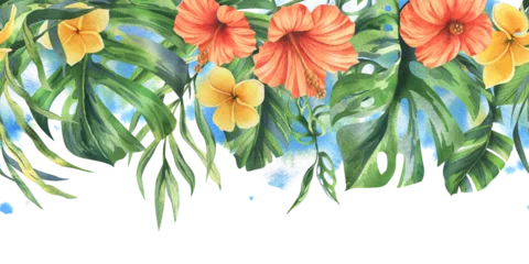 Foto op Canvas Tropical palm leaves, monstera and flowers of plumeria, hibiscus, bright juicy. Hand drawn watercolor botanical illustration. Seamless border is isolated from the background. © NATASHA-CHU