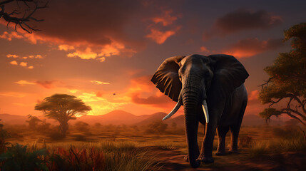 Fototapeta na wymiar A regal African elephant raising its trunk in a gesture of greeting against a vivid sunset.