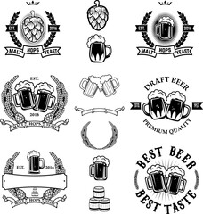 Set of labels templates with beer mug isolated on white background.  Design element for logo, label, emblem, sign. Vector illustration.