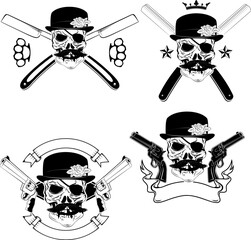 Set of outlaw t-shirt print design templates. Skull with mustache and hat. Vector design elements for label, logo, emblem, poster, t-shirt print template.