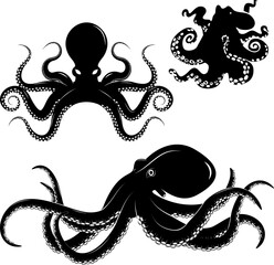 Set of octopus silhouettes isolated on white background. Seafood.  Design elements for logo, label, emblem, sign, badge, brand mark, restaurant menu, poster. Vector illustration.