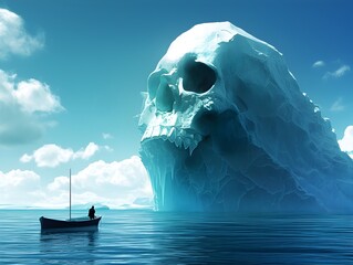 Ominous Iceberg Shaped Like a Skull with a Lone Boat Voyaging Through the Ethereal Landscape - obrazy, fototapety, plakaty