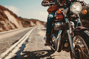 Retro Vintage Motorcycle on the Road - Classic Bike Adventure Trip Freedom Lifestyle Photography - obrazy, fototapety, plakaty