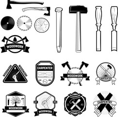 Set of the carpentry labels and emblems. Woodworks. Retro vector design graphic element, emblem, logo, insignia, sign, identity, logotype, poster.