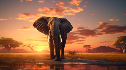A regal African elephant raising its trunk in a gesture of greeting against a vivid sunset.