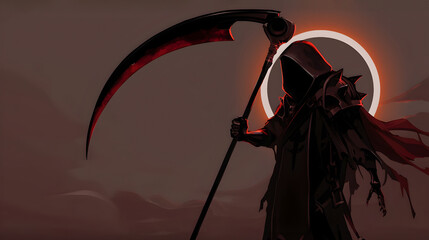 Ominous Hooded Reaper Silhouette Wielding Scythe in Eerie Crimson Sky with Crescent Moon